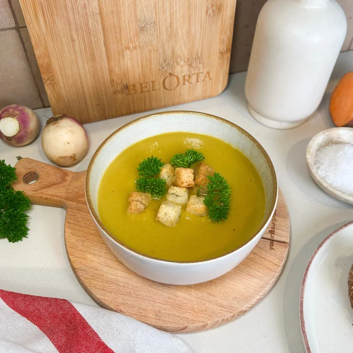 Soep zoete aardappel, prei, raap