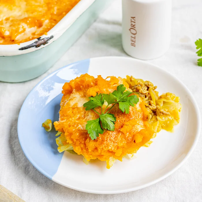 Ovenschotel met pompoenpuree en herfstgroenten