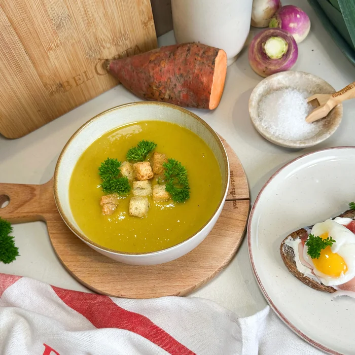 Soep zoete aardappel, prei, raap