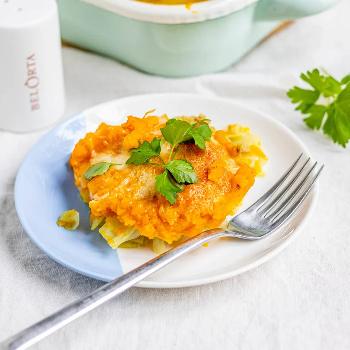 Ovenschotel met pompoenpuree en herfstgroenten