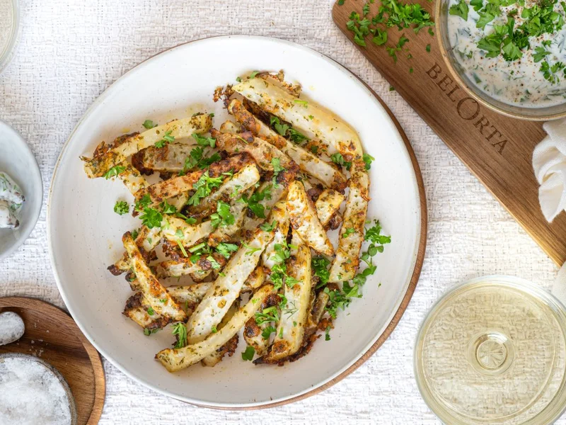 Koolrabi-Parmezaanfrietjes met kruidige looksaus